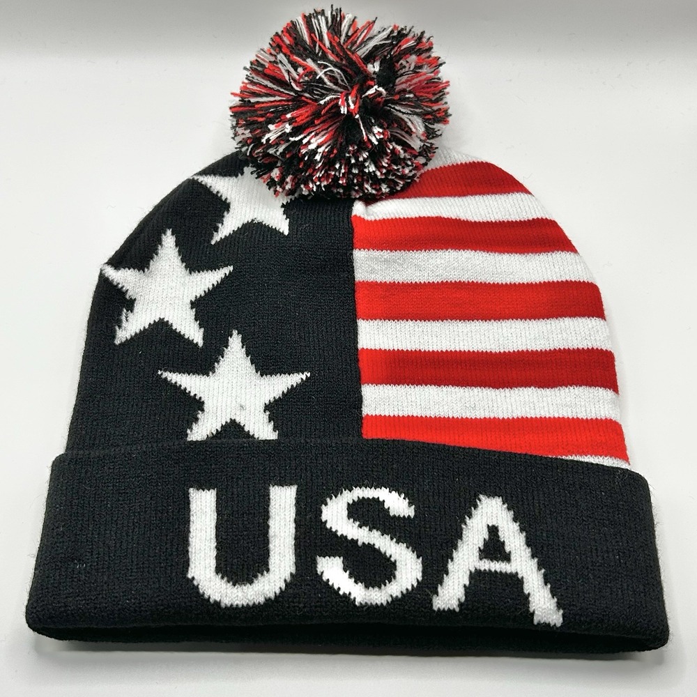 USA United States of America Stars Stripes Beanie Hat Cap Pom Cuff Knit Blue